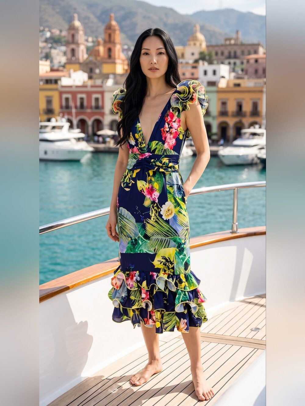 CQ Navy with Tropical Print Deep V Ruffled Cap Sleeve Ruffle Hem Deep V Dress